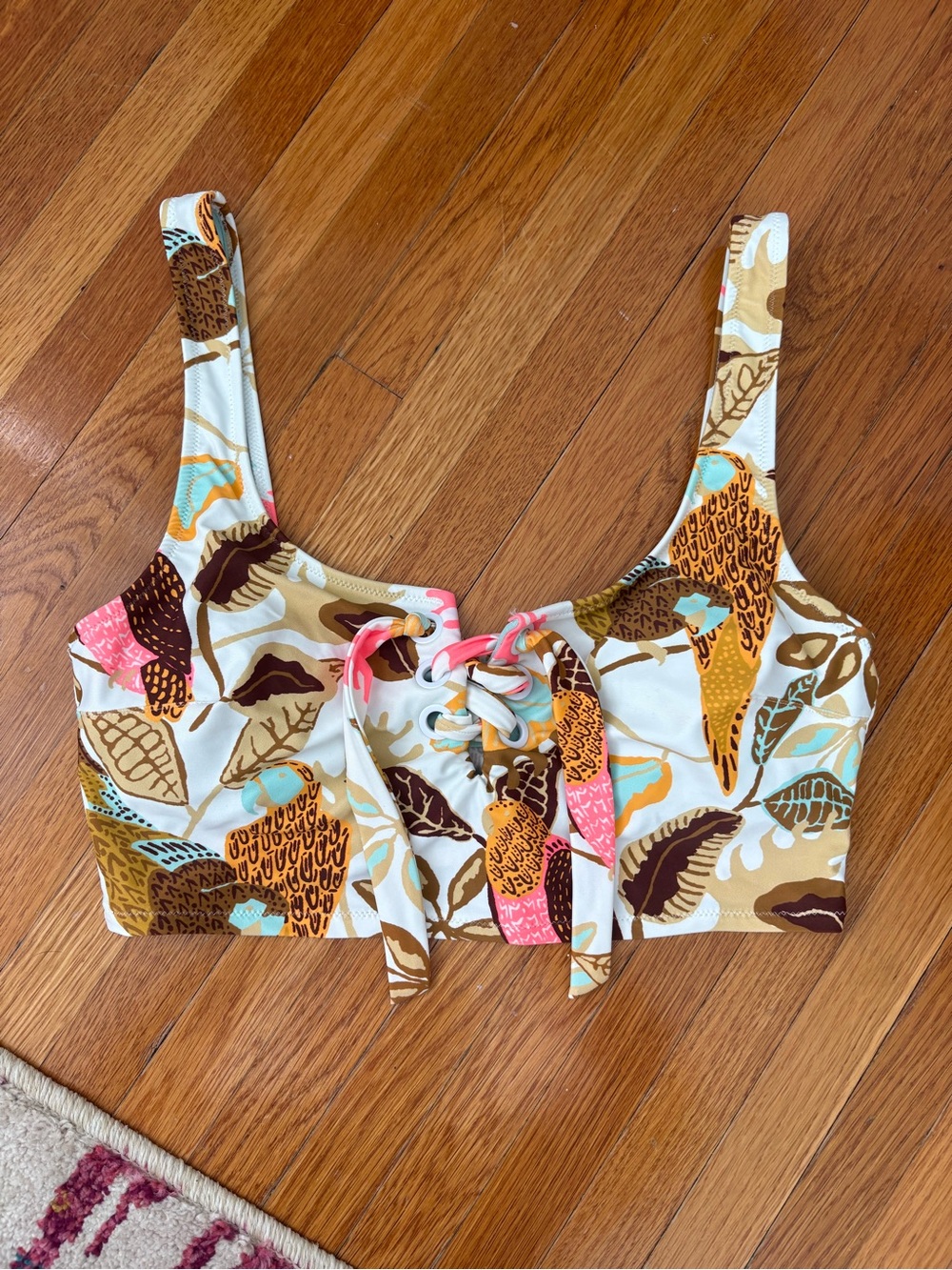 aerie Floral Lace-Up Bikini Top - White, Brown, Pink, Teal